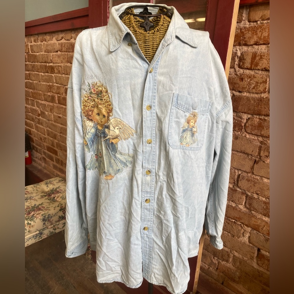 Rare find!  All-sport, All season genuinely distressed denim shirt XXL; vintage